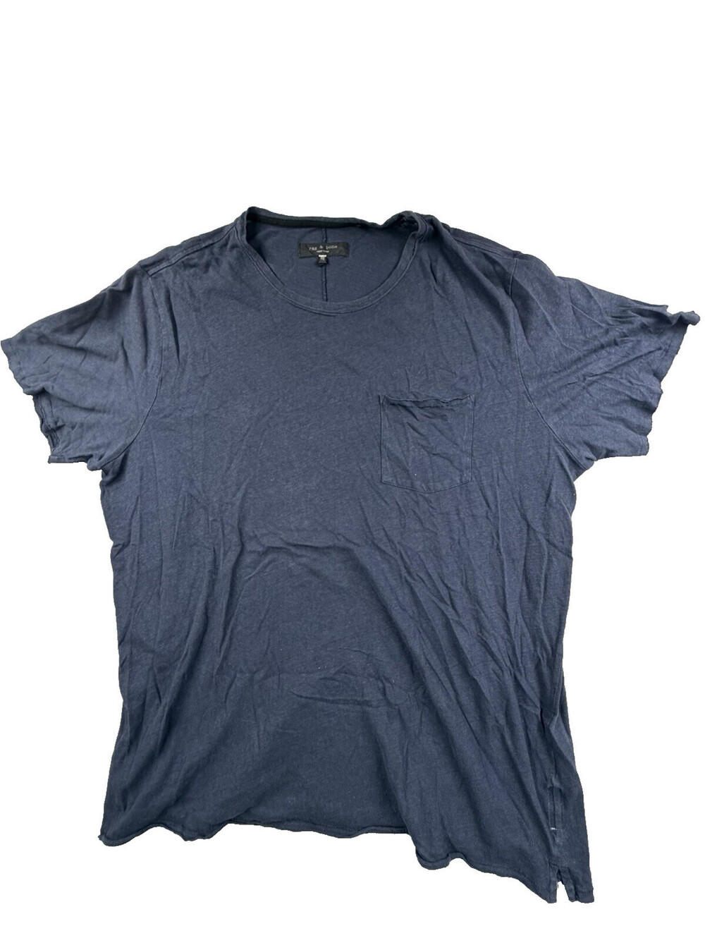 rag & bone Men's Miles Linen Cotton Pocket T-Shirt Washed Navy Blue XXL Raw Hem